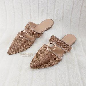 Rose Gold Rhinestone Slip On Flats Mules